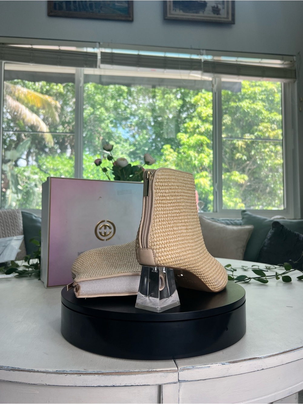 Cecelia New York Woven Beige Ankle Boots with Lucite Clear Block Heel - Picture 13 of 16